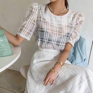 See-through Plaid Puff-shoulder Blouse