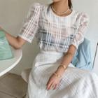 See-through Plaid Puff-shoulder Blouse