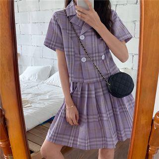 Set: Plaid Short-sleeve Blouse + High-waist A-line Skirt