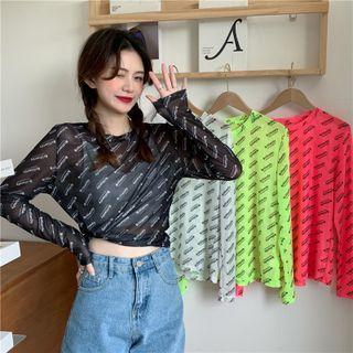 Long-sleeve Lettering Sheer Mesh T-shirt