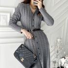 V-neck Cable Knit Button-up Midi Dress