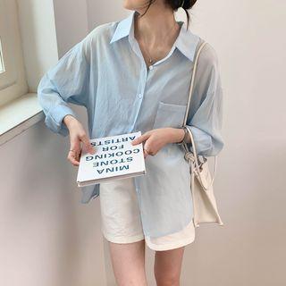 Plain Button-up Oversize Shirt / Plain Tank Top / High-waist Plain Straight-cut Shorts