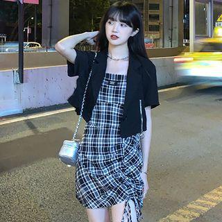 Spaghetti Strap Gingham Drawstring Mini Bodycon Dress / Short-sleeve Zip-up Cropped Blazer