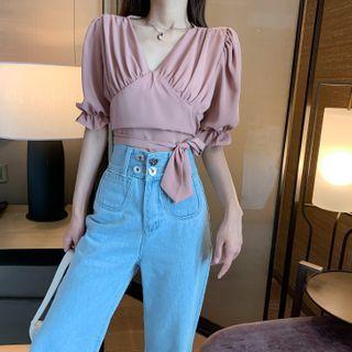 Lace Up Puff-sleeved Top