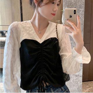 Two-tone Panel Drawstring Blouse