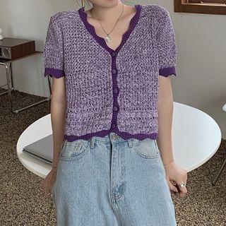 Short-sleeve Two-tone Cropped Cardigan Purple - One Size