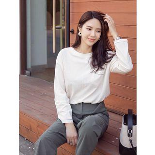 Plus Size Loose-fit Long-sleeve Pocket Cotton T-shirt