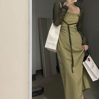 Drawstring Plain Dress + Mesh Cardigan