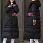 Flower Embroidered Hooded Padded Midi Coat