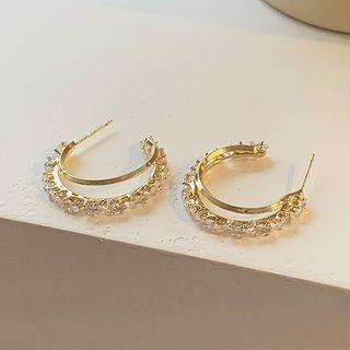 Rhinestone Layered Open Hoop Earring 1 Pair - 925 Silver - One Size