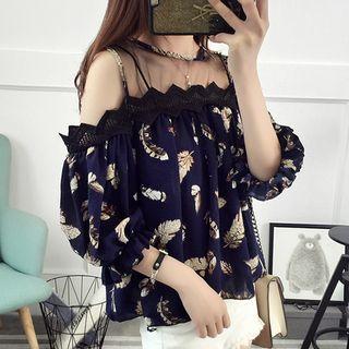 Floral Print Mesh Panel Cut Out Shoulder 3/4 Sleeve Top