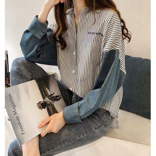 Long-sleeve Denim Panel Striped Shirt