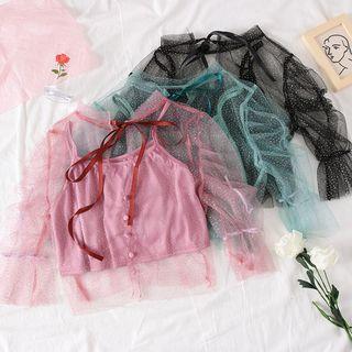 Tie-neckline Glitter Mesh Top With Camisole