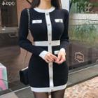 Contrast Trim Long-sleeve Mini Sheath Dress Black - One Size
