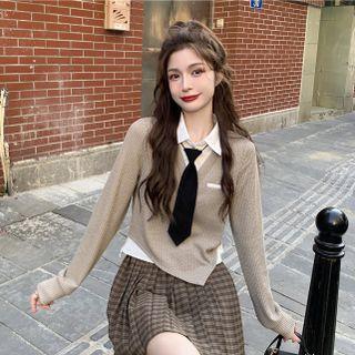 Mock Two-piece Tie-neck Shirt