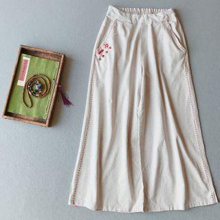 Embroidered Trim Wide Leg Pants