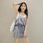 Sleeveless Striped Linen Playsuit Gray - One Size
