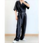 Elbow-sleeve V-neck Wide-leg Jumpsuit Black - One Size
