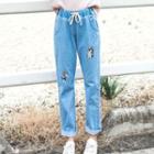Cat Embroidered Straight Cut Jeans