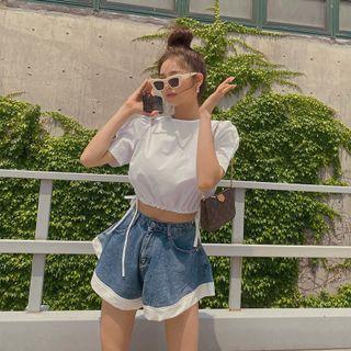 Puff-sleeve Beribboned Crop Top