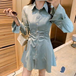Bell-sleeve Ruched Mini A-line Shirtdress