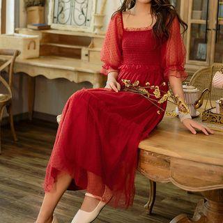 Square-neck Lantern-sleeve A-line Midi Mesh Dress
