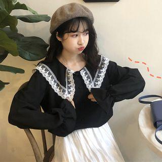 Long-sleeve Lace Trim Wide-collar Top