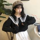 Long-sleeve Lace Trim Wide-collar Top