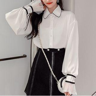 Set: Flared-cuff Contrast Trim Blouse + A-line Skirt