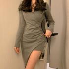 V-neck Hooded Long-sleeve Bodycon Dress As Shown In Figure - One Size