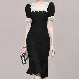 Short-sleeve Lace Trim Midi Mermaid Dress