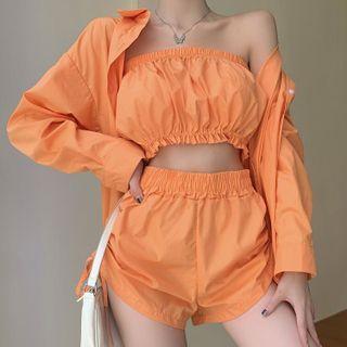 Strapless Crop Top / Plain Shirt / High-waist Shorts