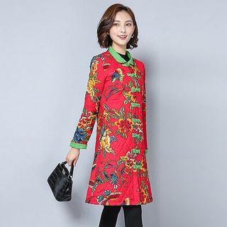 Frog Button Floral Print Long Jacket
