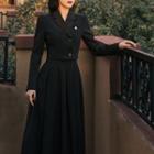 Set: Double-breasted Blazer + Spaghetti-strap Maxi A-line Dress