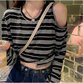 Off-shoulder Asymmetrical Striped Cropped Top Black & White - One Size
