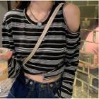 Off-shoulder Asymmetrical Striped Cropped Top Black & White - One Size