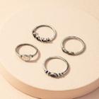 Set Of 4: Retro Alloy Ring (assorted Designs) Set Of 4 - Ancient Silver - One Size