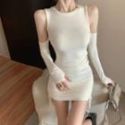 Cold-shoulder Drawstring Mini Sheath Dress Off-white - One Size