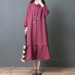 3/4-sleeve Placket Midi Shirt Dress
