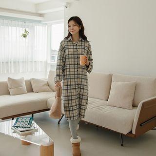 Wool Blend Midi Plaid Shirtdress
