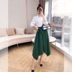 Set: 3/4-sleeve Shirt + Asymmetric A-line Midi Skirt
