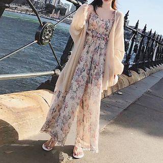 Floral Long-sleeve Top / Wide-leg Jumpsuit / V-neck Elbow-sleeve Dress