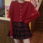 Long-sleeve Button Knit Top / Plaid Mini A-line Pleated Skirt