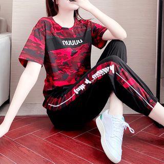 Short-sleeve Lettering Camo Print T-shirt / Sweatpants / Set