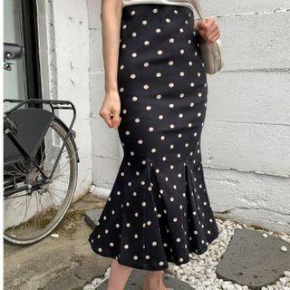 Dotted Ruffled Hem Midi Pencil Skirt
