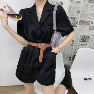 Plain Short-sleeve Shirtdress Black - One Size