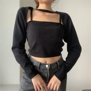 Set: Long-sleeve Knit Shrug + Camisole Top Set Of 2 - Shrug - Black - M / Camisole - Black - M