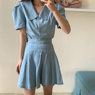 Plain Short-sleeve Blouse / Mini A-line Pleated Skirt