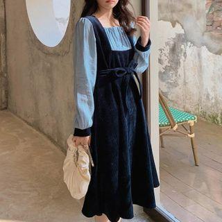 Puff-sleeve Corduroy Midi Dress