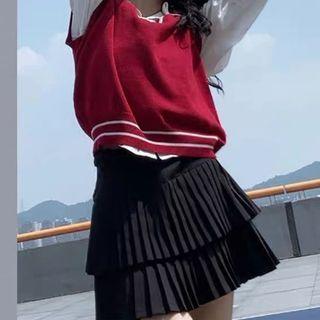 V-neck Sweater Vest / Shirt / Layered Mini A-line Skirt / Set